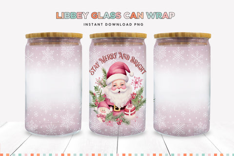 Merry & Bright Pink Santa Glass Can Sublimation PNG Sublimation BijouBay 