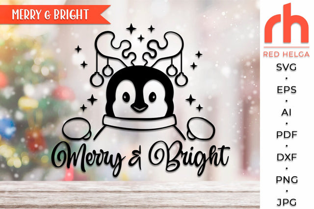 Merry & Bright SVG, Peeking Penguin DXF, Christmas Scene Cut File, Xmas Window Decor, Holiday Design Vector, Winter Theme, Penguin Outline SVG RedHelgaArt 