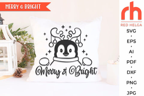 Merry & Bright SVG, Peeking Penguin DXF, Christmas Scene Cut File, Xmas Window Decor, Holiday Design Vector, Winter Theme, Penguin Outline SVG RedHelgaArt 