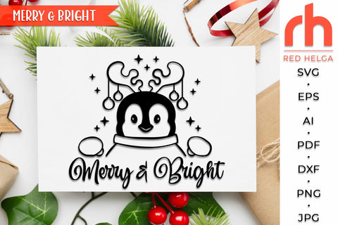 Merry & Bright SVG, Peeking Penguin DXF, Christmas Scene Cut File, Xmas Window Decor, Holiday Design Vector, Winter Theme, Penguin Outline SVG RedHelgaArt 