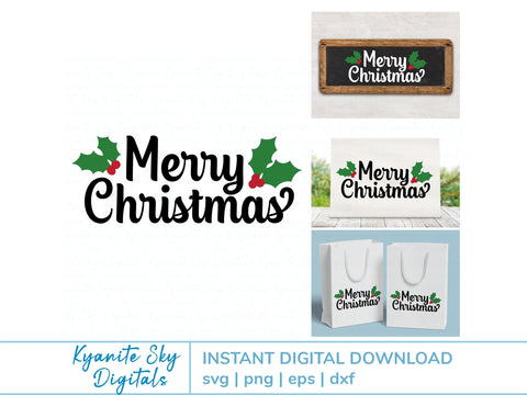 Merry Chirstmas SVG title with holly SVG Kyanite Sky Digitals 