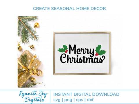 Merry Chirstmas SVG title with holly SVG Kyanite Sky Digitals 