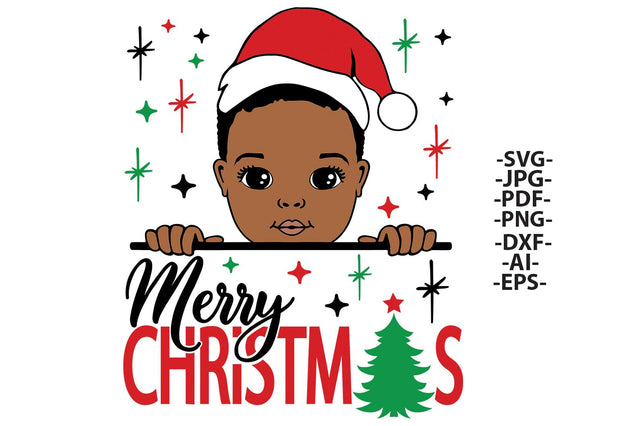 Merry Christmas Black Boy SVG PNG Clipart for Sublimation and Cricut with Santa Hat and Holiday Tree Design SVG 1uniqueminute 