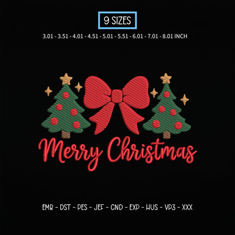 Merry Christmas Bow Embroidery Design – Christmas Trees Red Ribbon Holiday Machine Embroidery File Embroidery/Applique DESIGNS PatternFeed8 