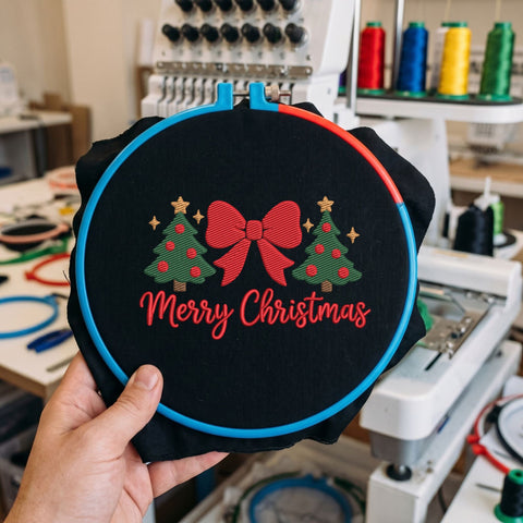 Merry Christmas Bow Embroidery Design – Christmas Trees Red Ribbon Holiday Machine Embroidery File Embroidery/Applique DESIGNS PatternFeed8 
