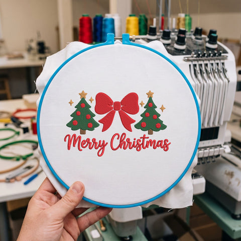 Merry Christmas Bow Embroidery Design – Christmas Trees Red Ribbon Holiday Machine Embroidery File Embroidery/Applique DESIGNS PatternFeed8 