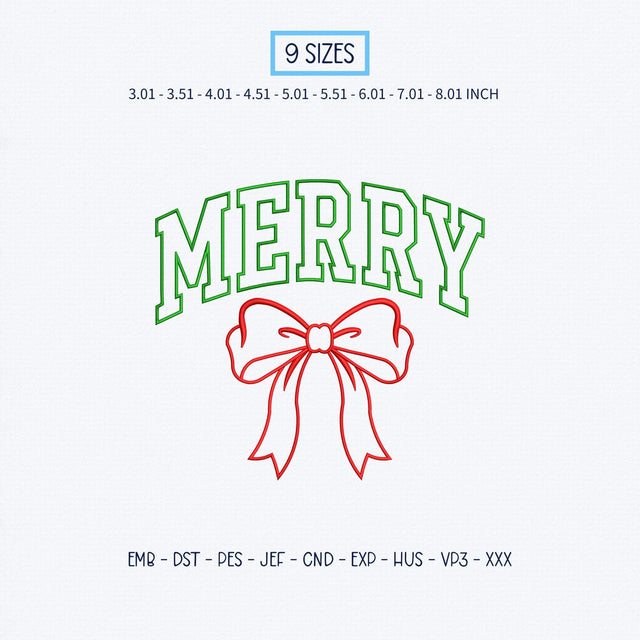 Merry Christmas Bow Embroidery Design – Vintage Varsity Merry Red Ribbon Coquette Machine Embroidery File Embroidery/Applique DESIGNS PatternFeed8 