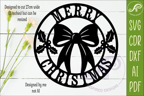 Merry Christmas Bow Wall Sign SVG, Festive Holly Wreath SVG APInspireddesigns 
