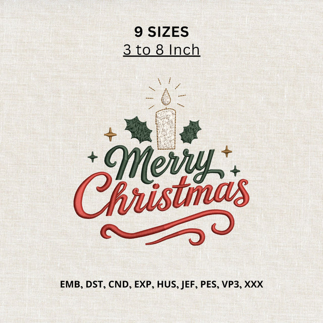 Merry Christmas Candle Machine Embroidery Design – Holly Holiday Christmas Embroidery File Embroidery/Applique DESIGNS PatternFeed8 