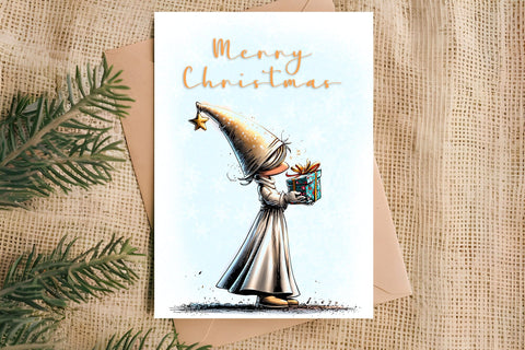 Merry Christmas card design Christmas girl gnomes, gift box Sublimation Angelina Semenova 