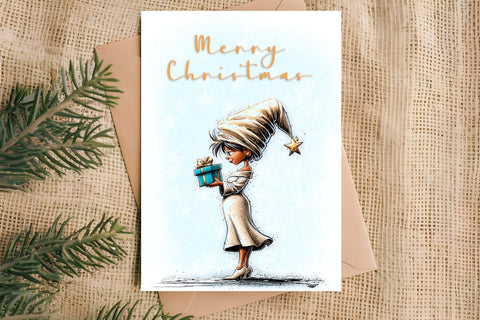 Merry Christmas card design Christmas girl gnomes, gift box Sublimation Angelina Semenova 