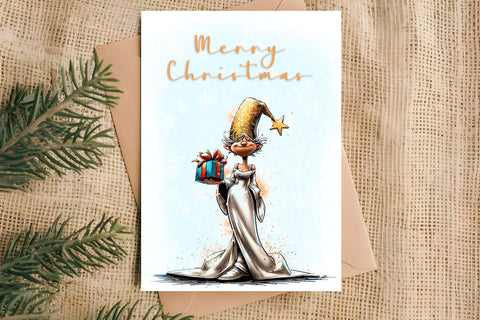 Merry Christmas card design Christmas girl gnomes, gift box Sublimation Angelina Semenova 