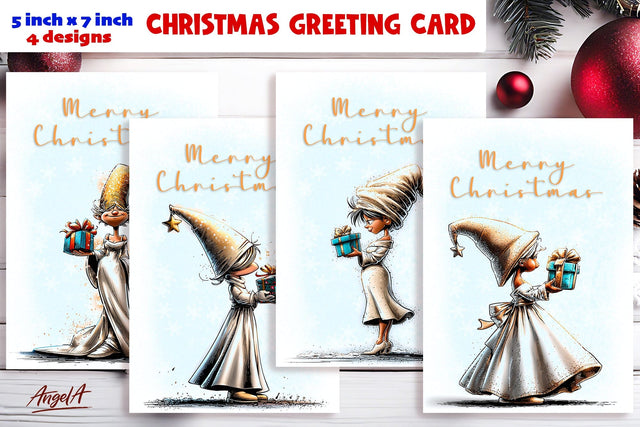 Merry Christmas card design Christmas girl gnomes, gift box Sublimation Angelina Semenova 