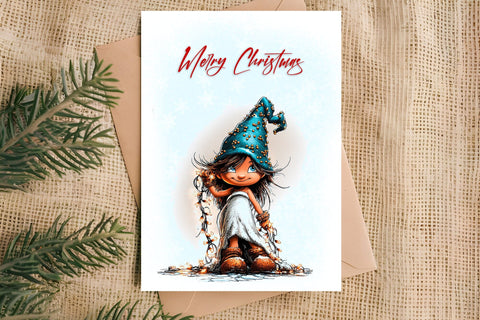 Merry Christmas card design Christmas girl gnomes, lights Sublimation Angelina Semenova 