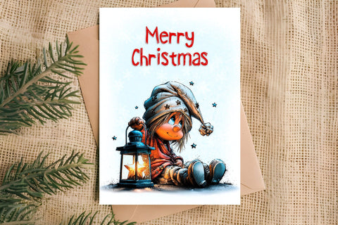 Merry Christmas card design Christmas girl gnomes, lights Sublimation Angelina Semenova 