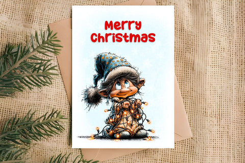 Merry Christmas card design Christmas girl gnomes, lights Sublimation Angelina Semenova 