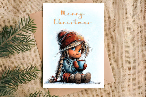 Merry Christmas card design Cute girl with cup of tea, cocoa Sublimation Angelina Semenova 