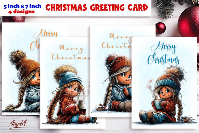 Merry Christmas card design Cute girl with cup of tea, cocoa Sublimation Angelina Semenova 