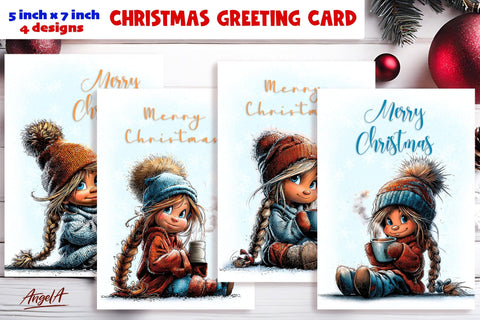 Merry Christmas card design Cute girl with cup of tea, cocoa Sublimation Angelina Semenova 