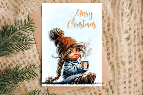 Merry Christmas card design Cute girl with cup of tea, cocoa Sublimation Angelina Semenova 