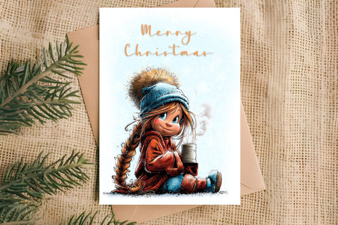 Merry Christmas card design Cute girl with cup of tea, cocoa Sublimation Angelina Semenova 
