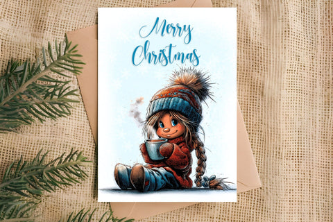 Merry Christmas card design Cute girl with cup of tea, cocoa Sublimation Angelina Semenova 