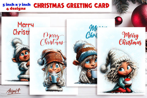 Merry Christmas card design Fairy Christmas girl gnomes Sublimation Angelina Semenova 