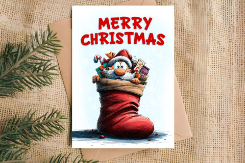 Merry Christmas card design Funny gnome in Christmas sock Sublimation Angelina Semenova 