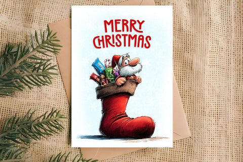 Merry Christmas card design Funny gnome in Christmas sock Sublimation Angelina Semenova 