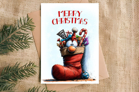Merry Christmas card design Funny gnome in Christmas sock Sublimation Angelina Semenova 