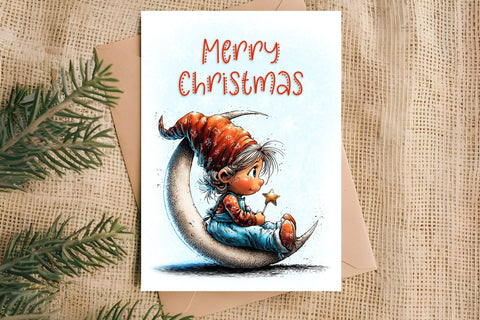 Merry Christmas card design printable Baby gnome with moon Sublimation Angelina Semenova 