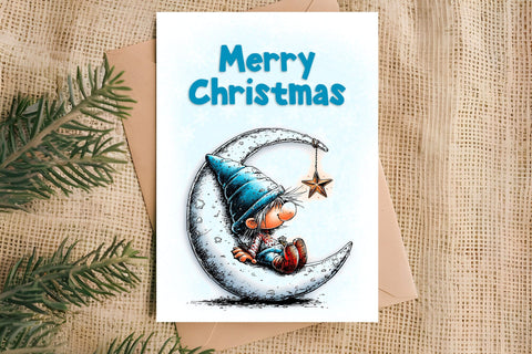 Merry Christmas card design printable Baby gnome with moon Sublimation Angelina Semenova 