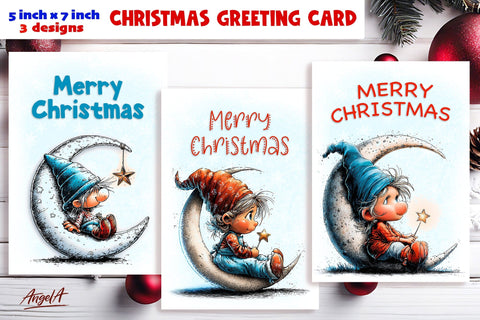 Merry Christmas card design printable Baby gnome with moon Sublimation Angelina Semenova 