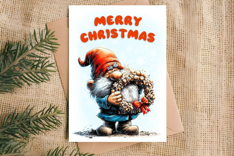 Merry Christmas card printable Christmas gnome with wreath Sublimation Angelina Semenova 