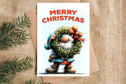 Merry Christmas card printable Christmas gnome with wreath Sublimation Angelina Semenova 