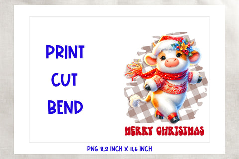 Merry Christmas card printable, cute cow, funny farm animals Sublimation Angelina Semenova 