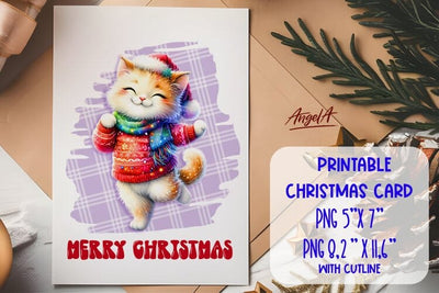 Merry Christmas card printable, dancing cute cat on plaid Sublimation Angelina Semenova 