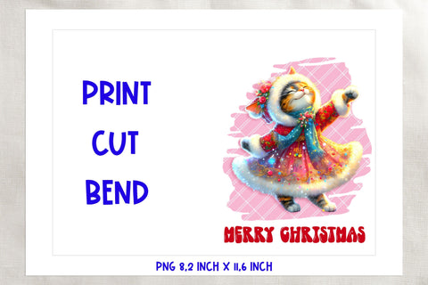 Merry Christmas card printable, dancing cute cat on plaid Sublimation Angelina Semenova 