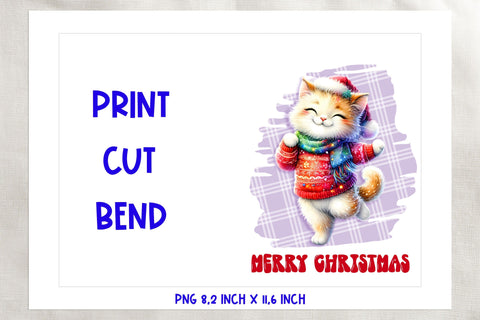 Merry Christmas card printable, dancing cute cat on plaid Sublimation Angelina Semenova 