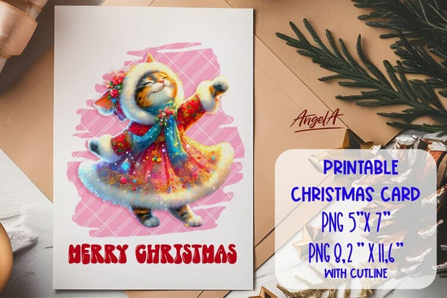 Merry Christmas card printable, dancing cute cat on plaid Sublimation Angelina Semenova 