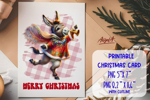 Merry Christmas card printable, dancing funny donkey Sublimation Angelina Semenova 