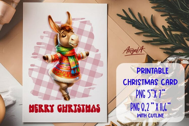 Merry Christmas card printable, dancing funny donkey Sublimation Angelina Semenova 
