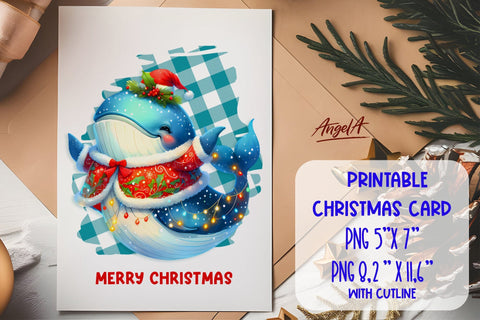 Merry Christmas card printable / funny Christmas whale PNG SVG Angelina Semenova 