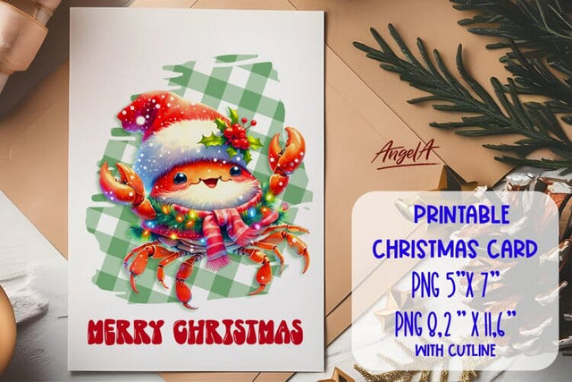 Merry Christmas card printable, funny crab, sea animals Sublimation Angelina Semenova 