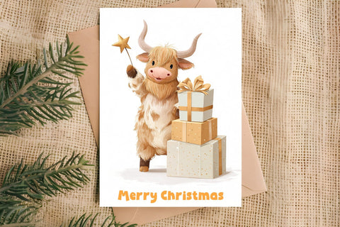 Merry Christmas card printable, funny farm highland cow Sublimation Angelina Semenova 