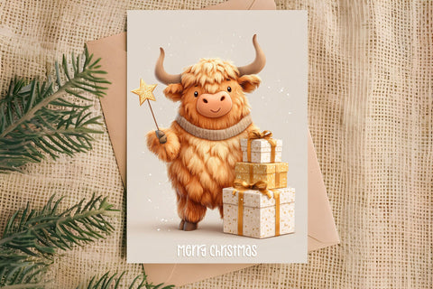 Merry Christmas card printable, funny farm highland cow Sublimation Angelina Semenova 