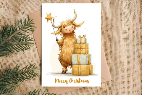 Merry Christmas card printable, funny farm highland cow Sublimation Angelina Semenova 