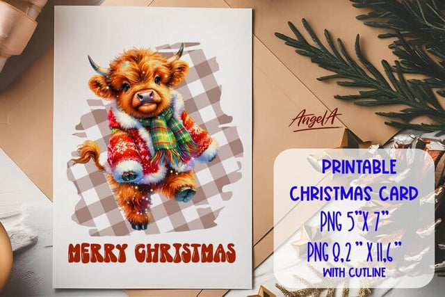 Merry Christmas card printable, funny farm highland cow Sublimation Angelina Semenova 