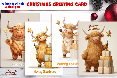 Merry Christmas card printable, funny farm highland cow Sublimation Angelina Semenova 