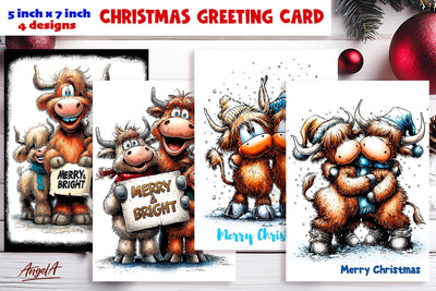 Merry Christmas card printable, funny highland cow family Sublimation Angelina Semenova 